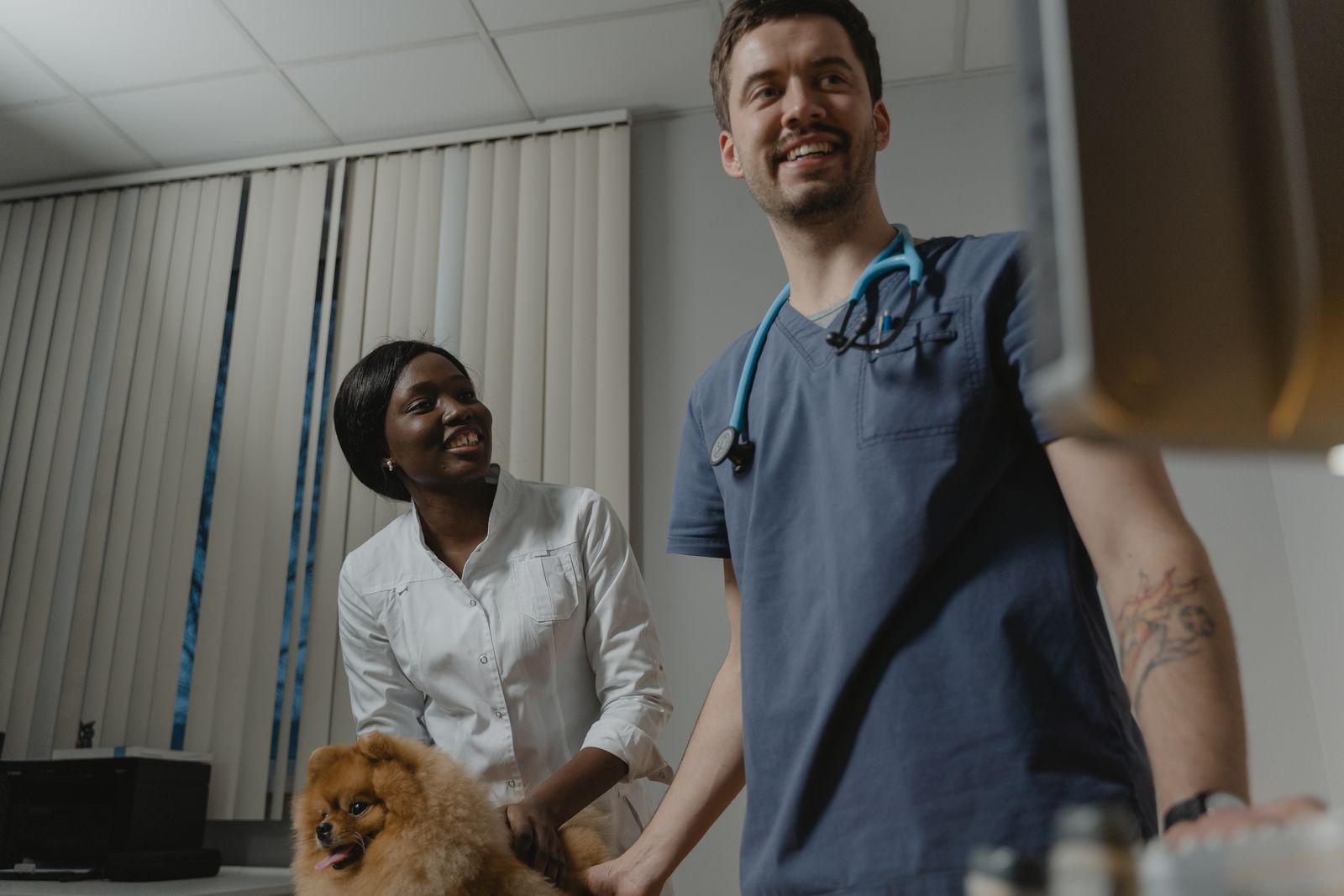 A smiling veterinarian in navy scrubs and a colleague in a white coat with a Pomeranian on the exam table