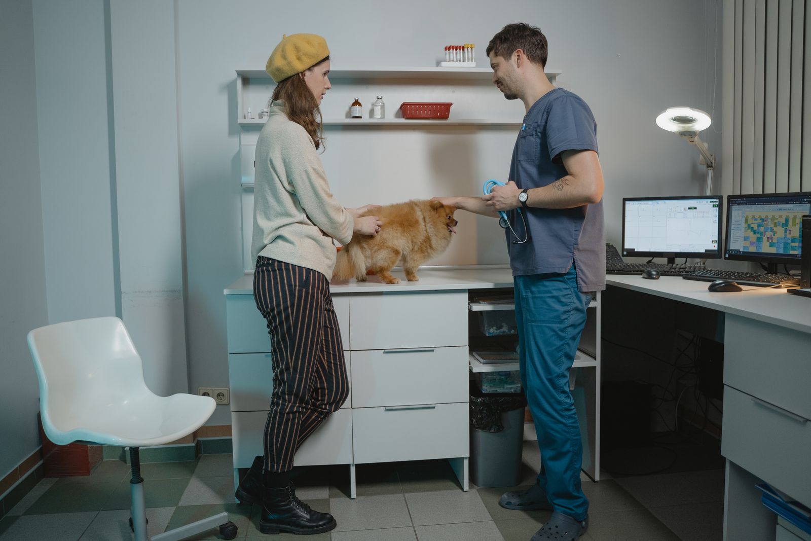 A woman in a beret and a veterinarian in navy scrubs talking beside an orange Pomeranian on an exam counter